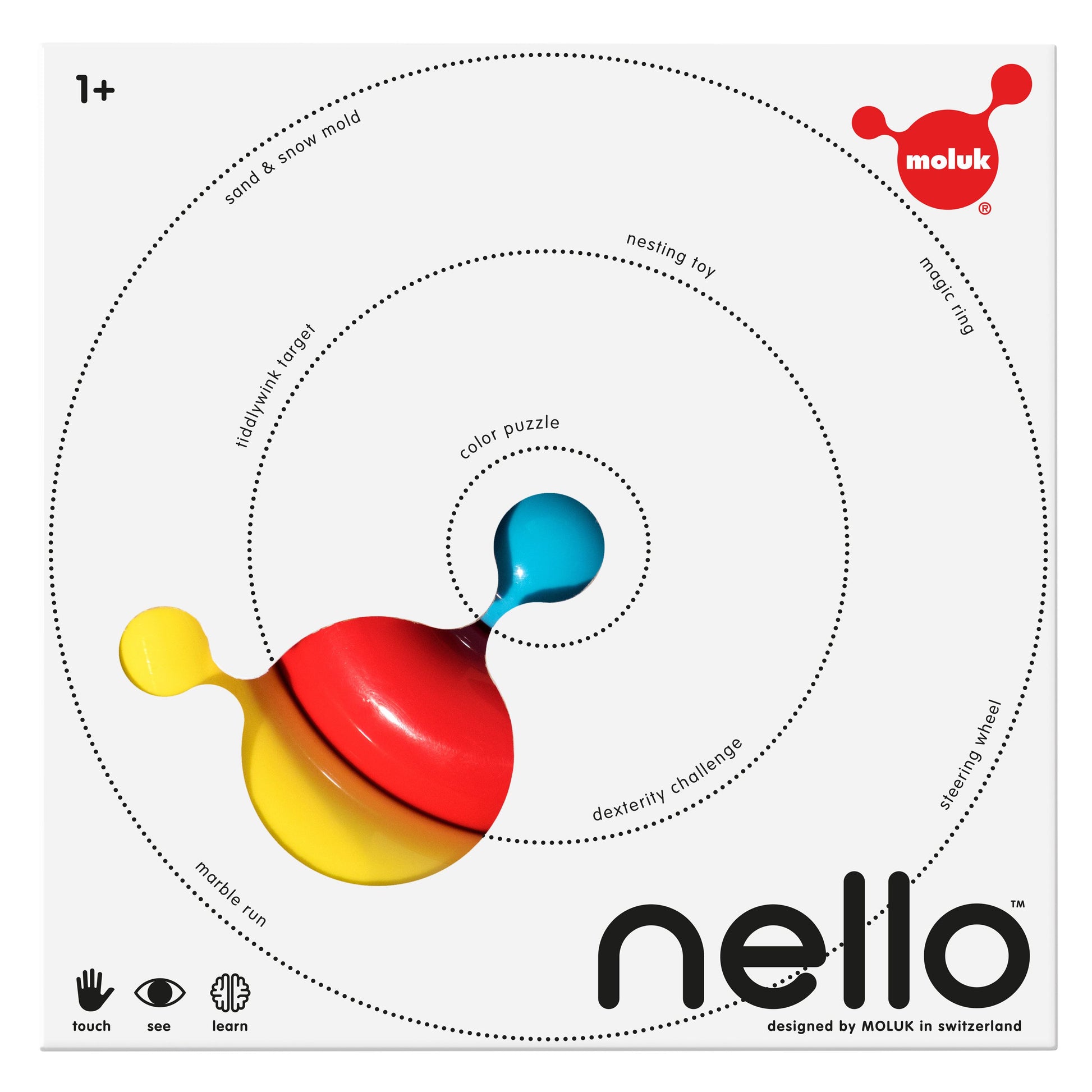 Nello 3 Pezzi - gioco innovativo e versatile da casa e da esterno, Moluk. In foto gioco nella sua confezione di cartone