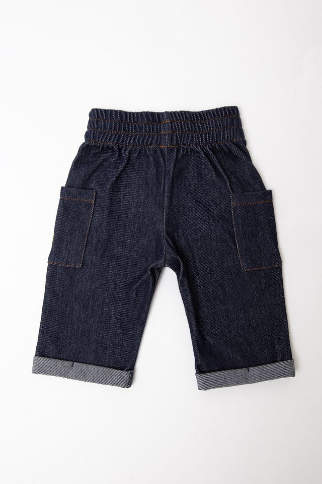 Pantalone worker bimbo, JEANS BLU, con 2 taschine laterali, in cotone e viscosa di bambù, Bamboom
