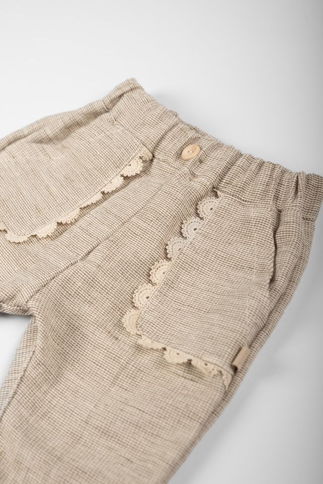 Pants lunghi con tasche in Embroidery, MUSTARD con bordino ed elastico in vita, Bamboom