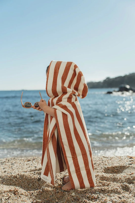 Poncho mare in spugna, a righe beige e cioccolato,  Beach poncho, Little Dutch