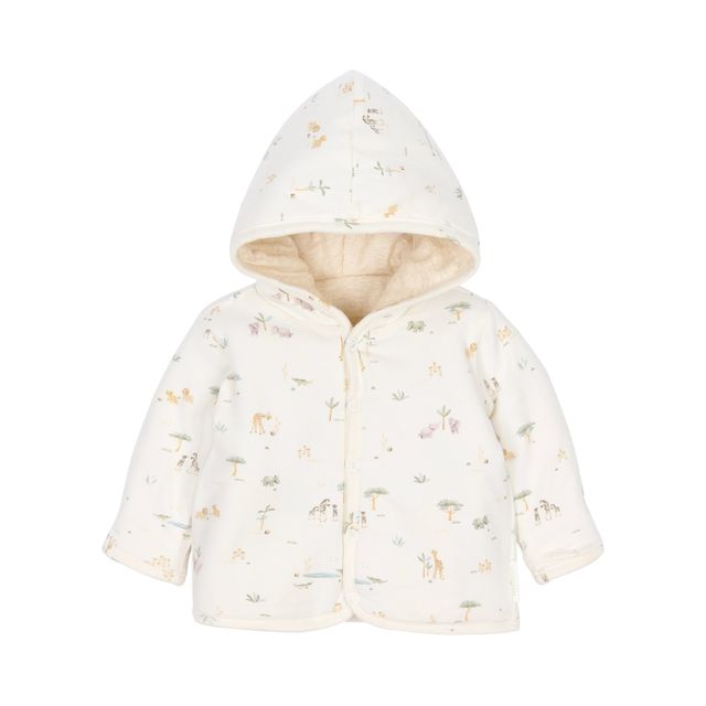 Giacca reversibile con cappuccio Vanilla Melee, Reversible cardigan, panna/fantasia animali della savana con chiusura a bottoni a pressione, Little Dutch