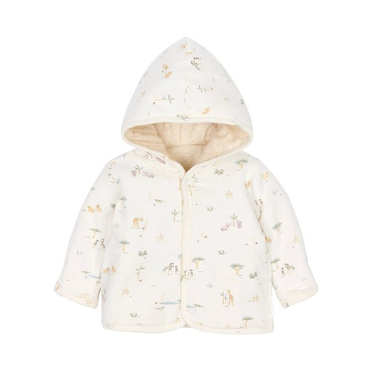 Giacca reversibile con cappuccio Vanilla Melee, Reversible cardigan, panna/fantasia animali della savana con chiusura a bottoni a pressione, Little Dutch