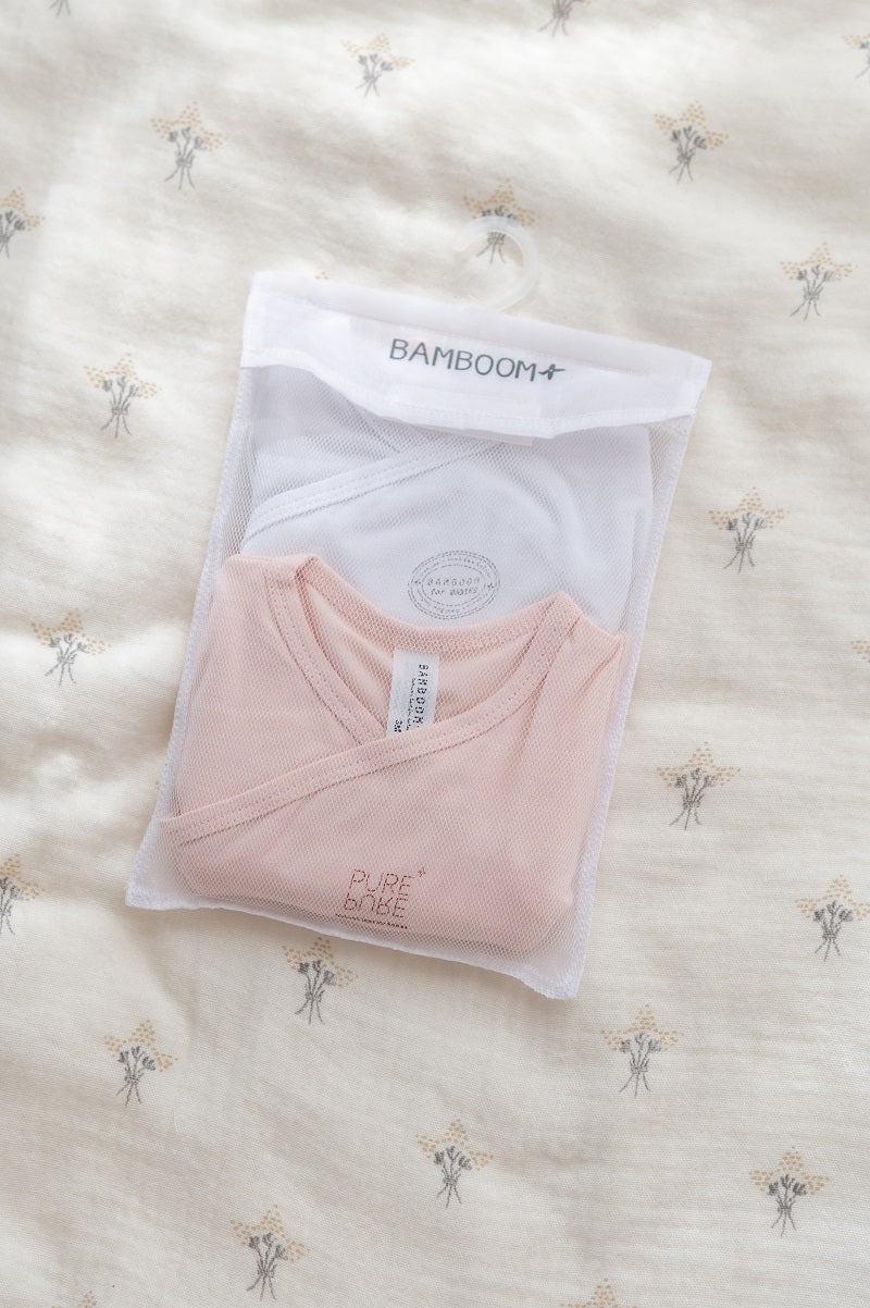 Confezione da 2 Body manica corta rosa/bianco in fibra di bambù Bamboom