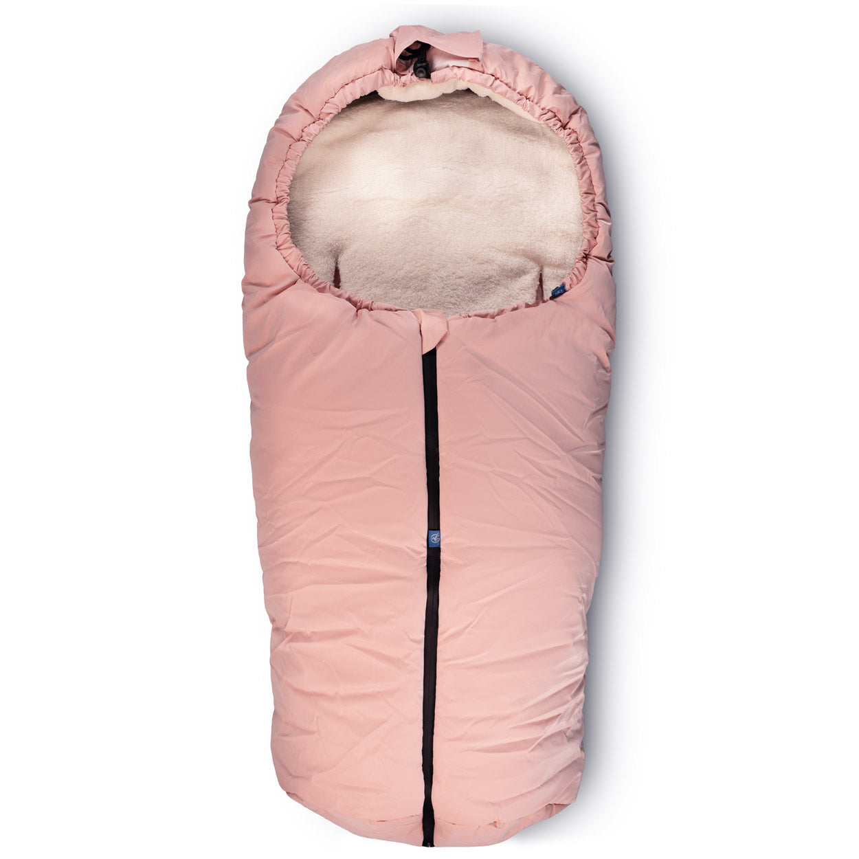 sacco ovetto rosa pastello con interno bianco e cerniera per tutta lunghezza e coulisse chiusa sulla testa