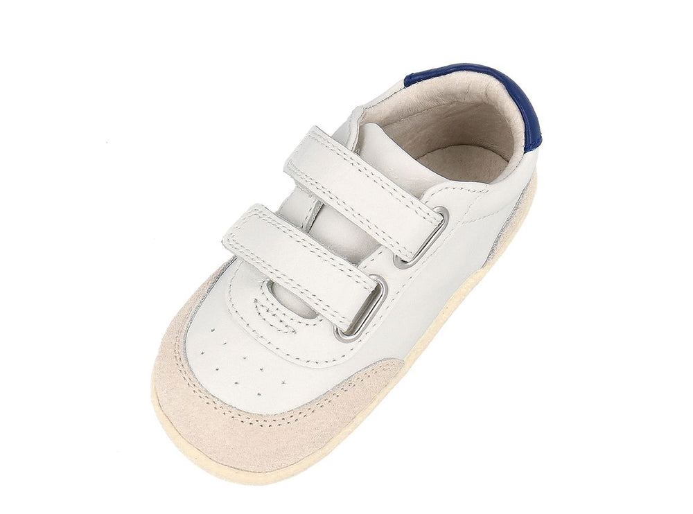 Bobux Step Up Champ scarpe primi passi in pelle, bianche con inserto blu