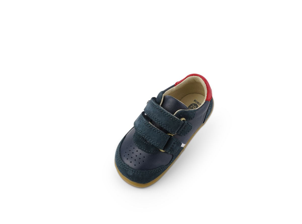 scarpa pelle blu con inserti rossi, traforata sulla punta, suola marrone