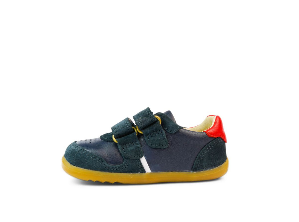 scarpa pelle blu con inserti rossi, traforata sulla punta, suola marrone, doppio strap