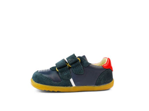 scarpa pelle blu con inserti rossi, traforata sulla punta, suola marrone, doppio strap