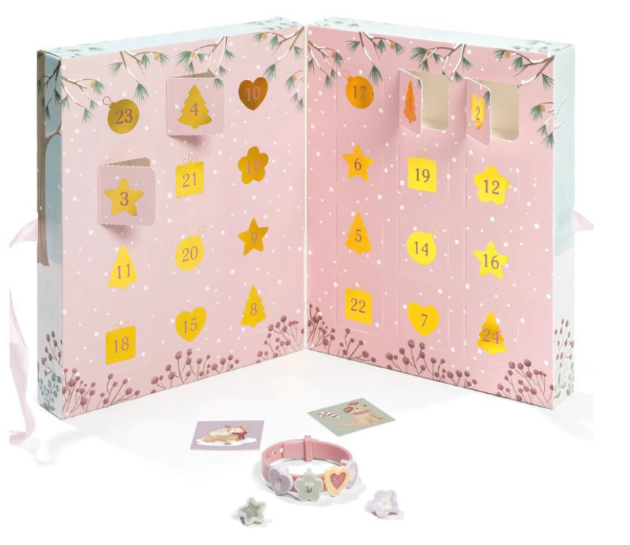 calendario aperto con le 24 caselline da scoprite e un esempio di braccialetto realizzato