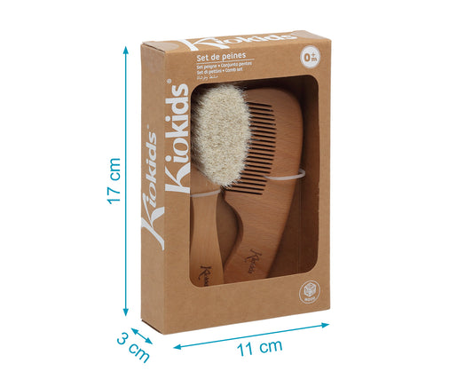 Set pettine e spazzola con setole extramorbide in legno di faggio per bambini, Kiokids