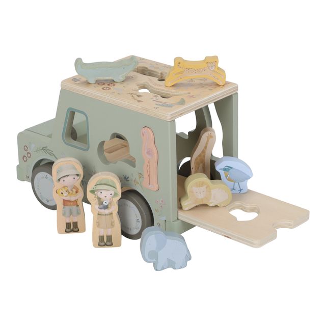 Jeep con 9 formine di personaggi in legno,  Shape sorter safari car, Little Dutch