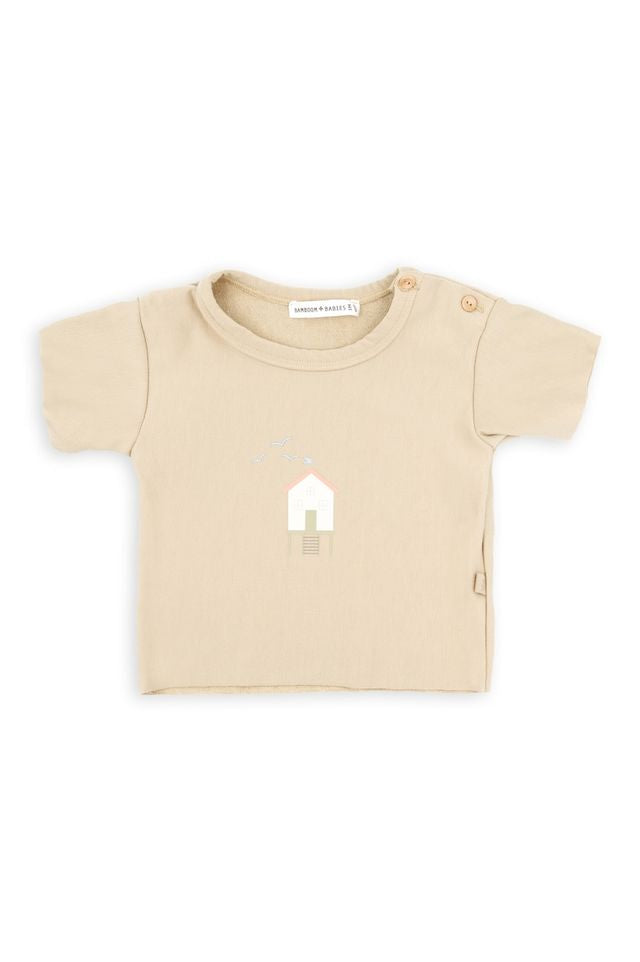 Shirt con stampa SURF HOUSE, apertura laterale con bottoni, LIGHT MUSTARD, maniche corte, in fibra di bambù e cotone, Bamboom