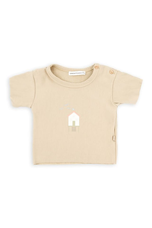 Shirt con stampa SURF HOUSE, apertura laterale con bottoni, LIGHT MUSTARD, maniche corte, in fibra di bambù e cotone, Bamboom