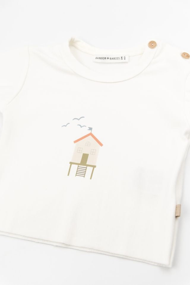 Shirt con stampa SURF HOUSE, apertura laterale con bottoni, OFFWHITE, maniche corte, in fibra di bambù e cotone, Bamboom