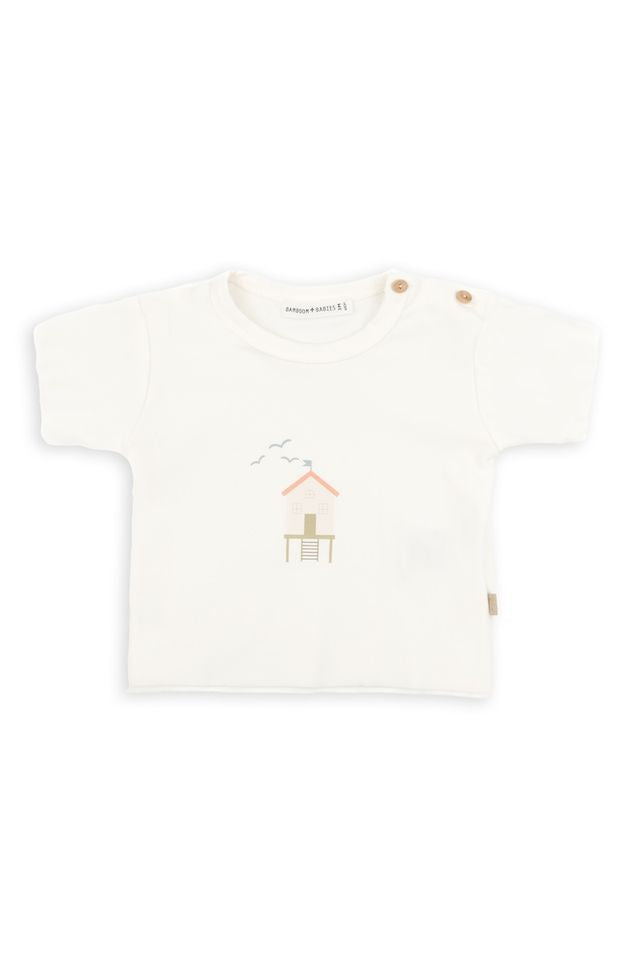 Shirt con stampa SURF HOUSE, apertura laterale con bottoni, OFFWHITE, maniche corte, in fibra di bambù e cotone, Bamboom