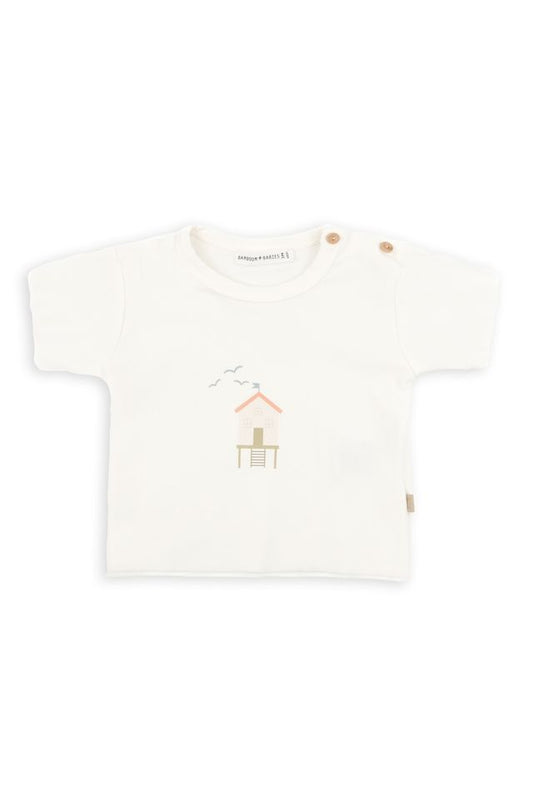 Shirt con stampa SURF HOUSE, apertura laterale con bottoni, OFFWHITE, maniche corte, in fibra di bambù e cotone, Bamboom