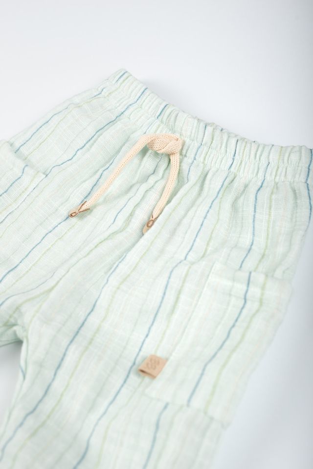 Shorts lino look, verde acqua a righe, bimbo, con tasche, STRIPE ACQUA, con elastico in vita, Bamboom