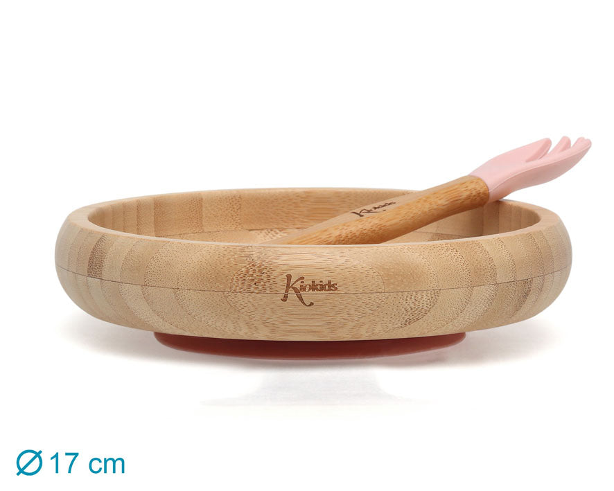 Set Stoviglie in bambù e silicone, piatto con ventosa e cucchiaio/forchetta, Kiokids