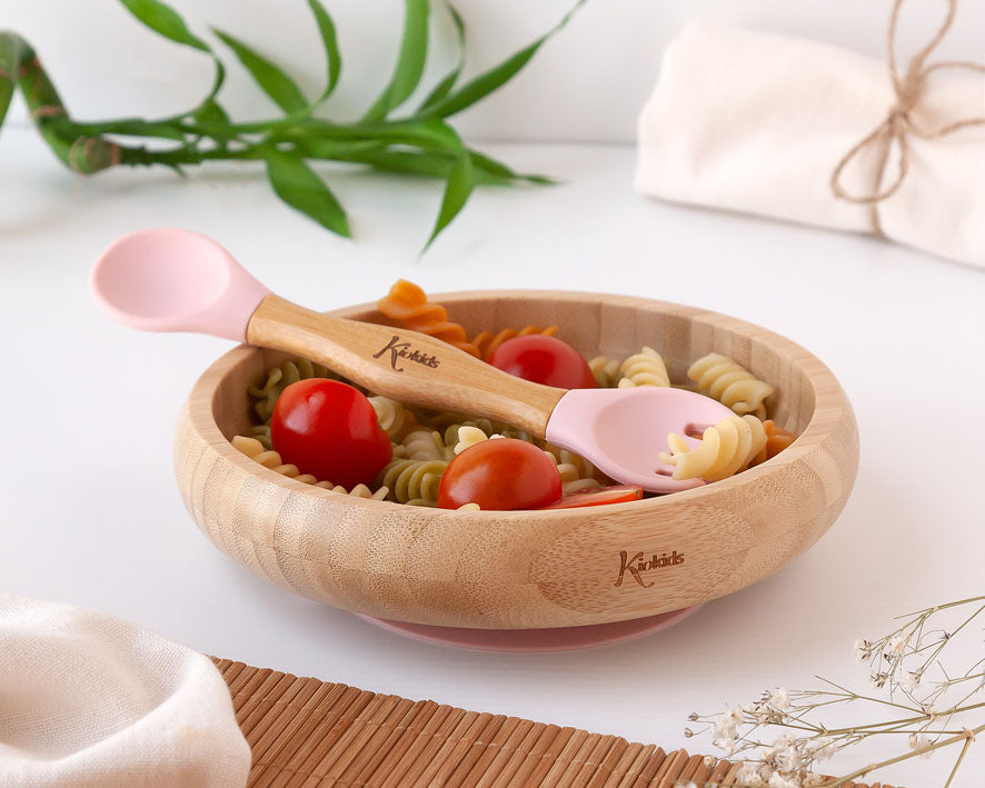 Set Stoviglie in bambù e silicone, piatto con ventosa e cucchiaio/forchetta, Kiokids