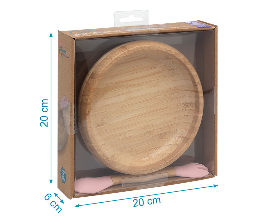 Set Stoviglie in bambù e silicone, piatto con ventosa e cucchiaio/forchetta, Kiokids