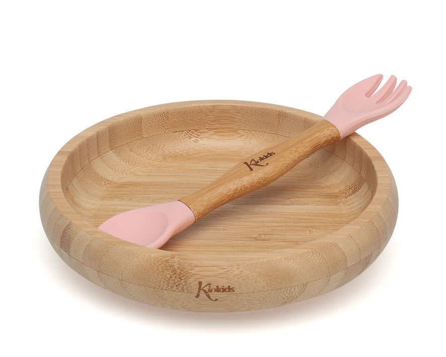 Set Stoviglie in bambù e silicone, piatto con ventosa e cucchiaio/forchetta, Kiokids