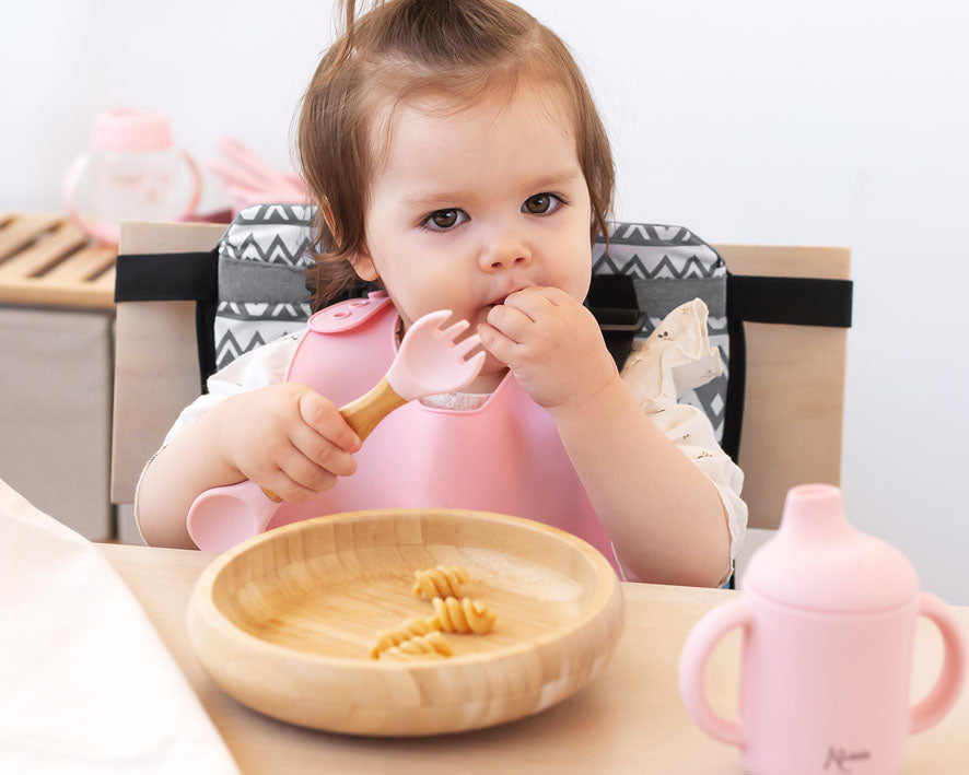 Set Stoviglie in bambù e silicone, piatto con ventosa e cucchiaio/forchetta, Kiokids