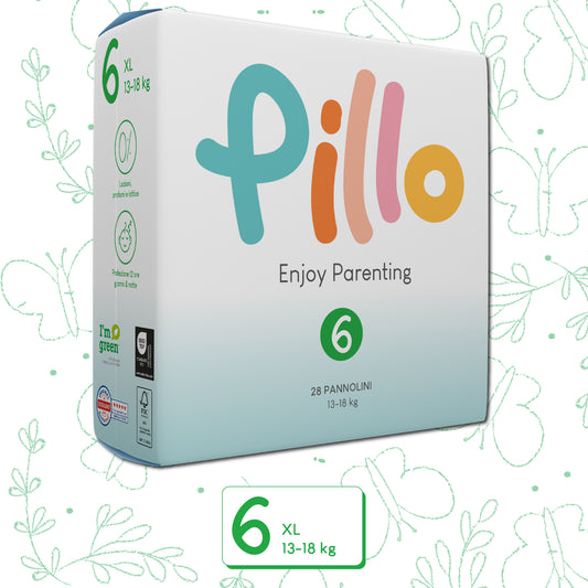 Pannolino Pillo XL Enjoy Parenting, Taglia 6, da 13 a 18 Kg. Confezione da 28 pz.