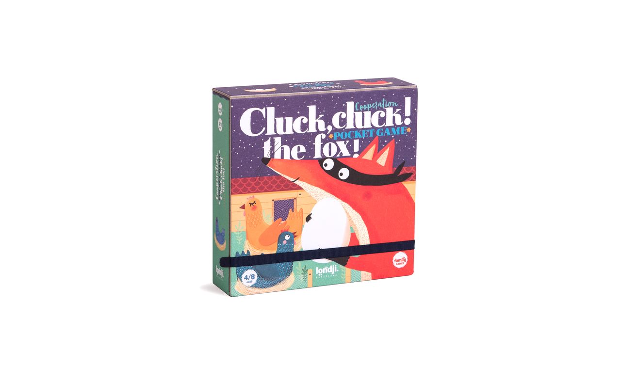 Packaging Cluck cluck ! la volpe, gioco da tavolo i cooperazione versione tascabile