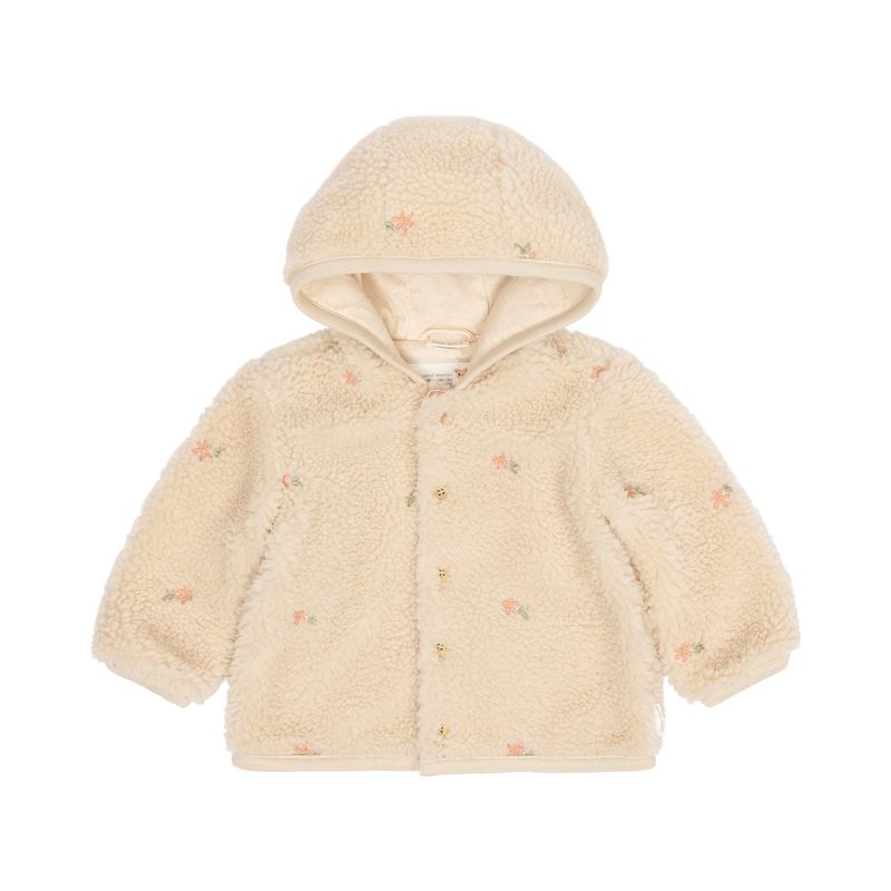 Giacca Teddy con cappuccio, Teddy cardigan sand flowers, panna con ricami fiori della savana, chiusura a bottoni, Little Dutch