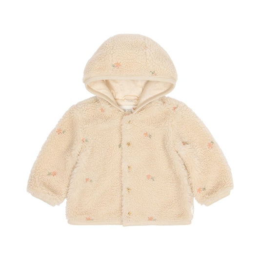 Giacca Teddy con cappuccio, Teddy cardigan sand flowers, panna con ricami fiori della savana, chiusura a bottoni, Little Dutch