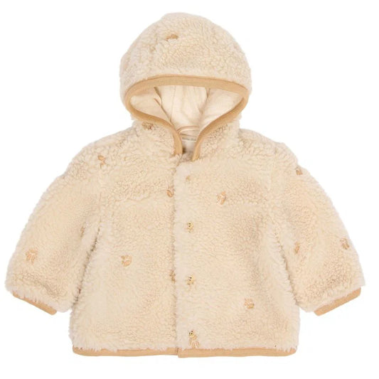 Giacca Teddy con cappuccio, Teddy cardigan sand Paws, panna con ricami orme dei leoni, chiusura a bottoni, Little Dutch