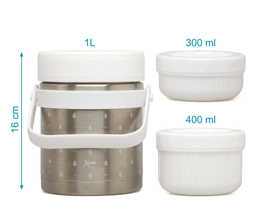 Thermos pappa in acciaio inox, 1000 ml,  con 2 contenitori 300+400 ml, Kiokids