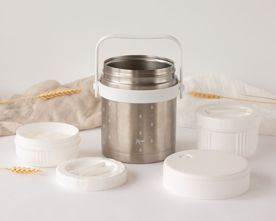 Thermos pappa in acciaio inox, 1000 ml,  con 2 contenitori 300+400 ml, Kiokids