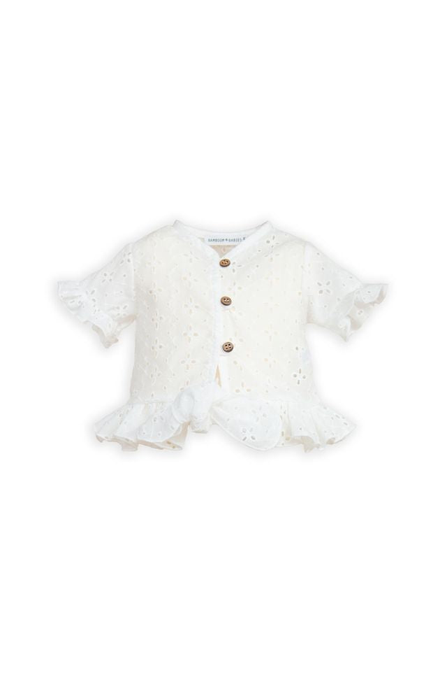 Top blusa in pizzo, con volant, manica corta, OFFWHITE, in bamboo e cotone, Bamboom