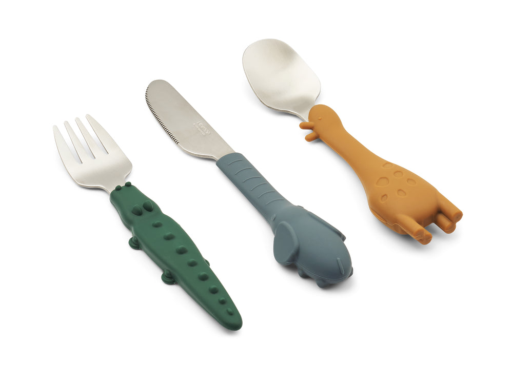 forchetta, coltello, cucchiaio con manico in silicone colorato a forma di animale
