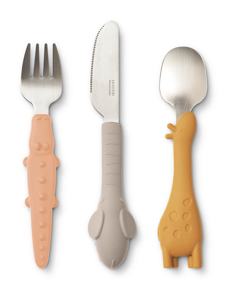 forchetta, coltello, cucchiaio con manico in silicone colorato a forma di animale