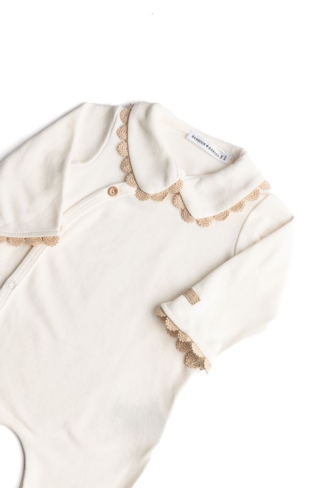 Tutina colletto con piedi, NATURAL WHITE, con collo e maniche rifiniti con pizzetto, maniche lunghe, Bamboom