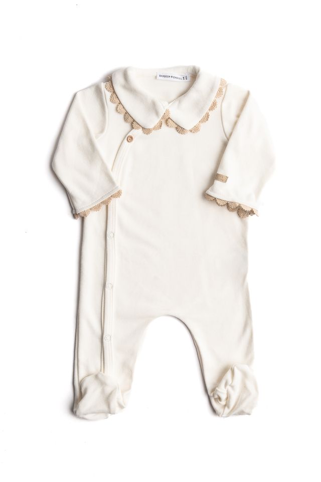 Tutina colletto con piedi, NATURAL WHITE, con collo e maniche rifiniti con pizzetto, maniche lunghe, Bamboom