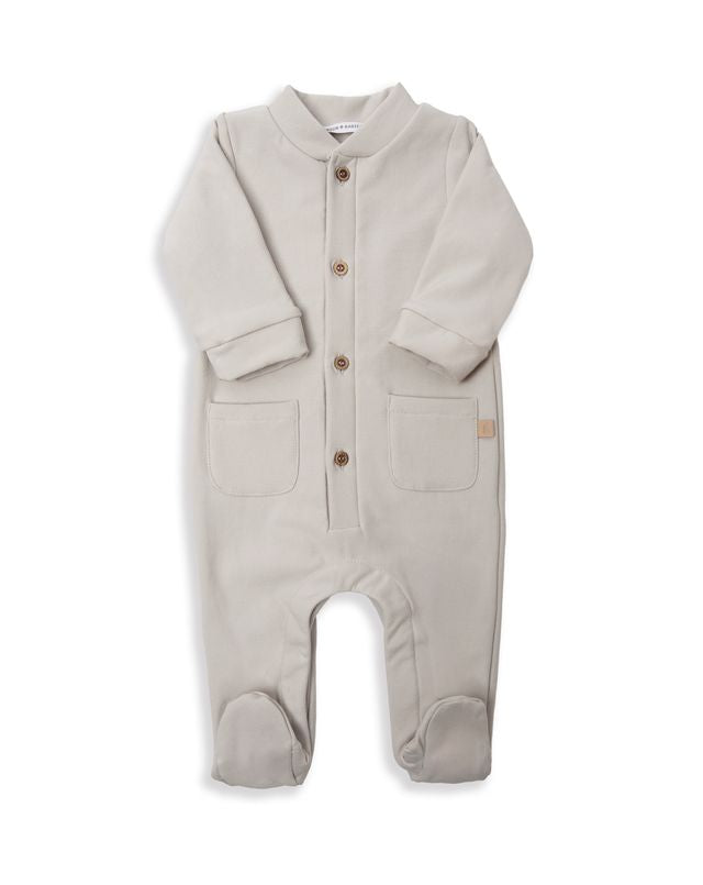 Tutina con apertura davanti, SKY GREY, con collo tondo, bottoni in legno e taschine, maniche lunghe, Bamboom