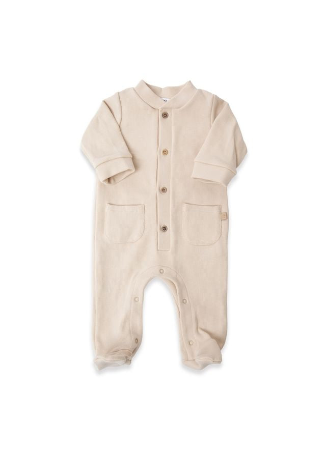 Tutina con apertura davanti, WARM WHITE, con collo tondo, bottoni in legno e taschine, maniche lunghe, Bamboom