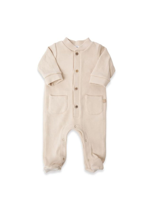 Tutina con apertura davanti, WARM WHITE, con collo tondo, bottoni in legno e taschine, maniche lunghe, Bamboom