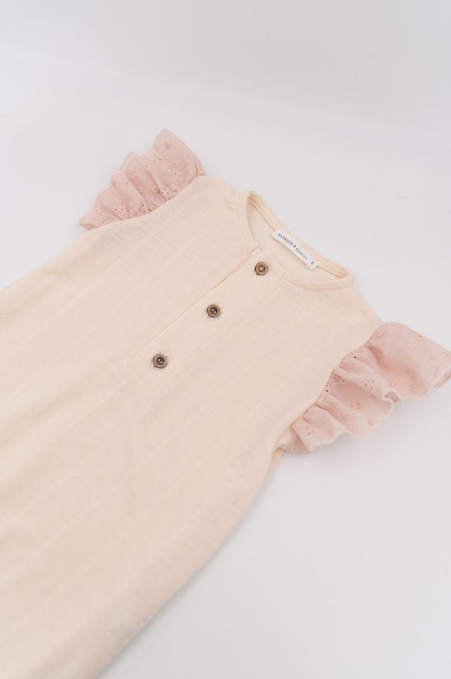 Tutina estiva bimba, Peach, con volant in pizzo, in fibra di bambù e cotone,  Bamboom
