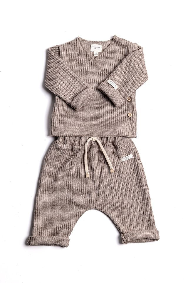 Twin Set con apertura incrociata, SOFT BROWN, tortora, bottoni di legno e maniche lunghe, in viscosa di bambù Bamboom