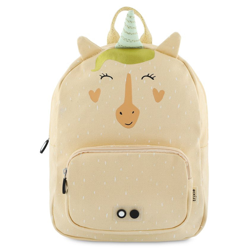 Zainetto per l'Asilo, Mr. Unicorn, Trixie. Vista frontale dello zainetto con stampa unicorno e corno azzurro con righe oro