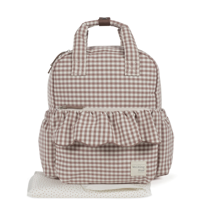 Zaino fasciatoio, Pralinè Vichy Rosa Moka, con volant di Walking Mum