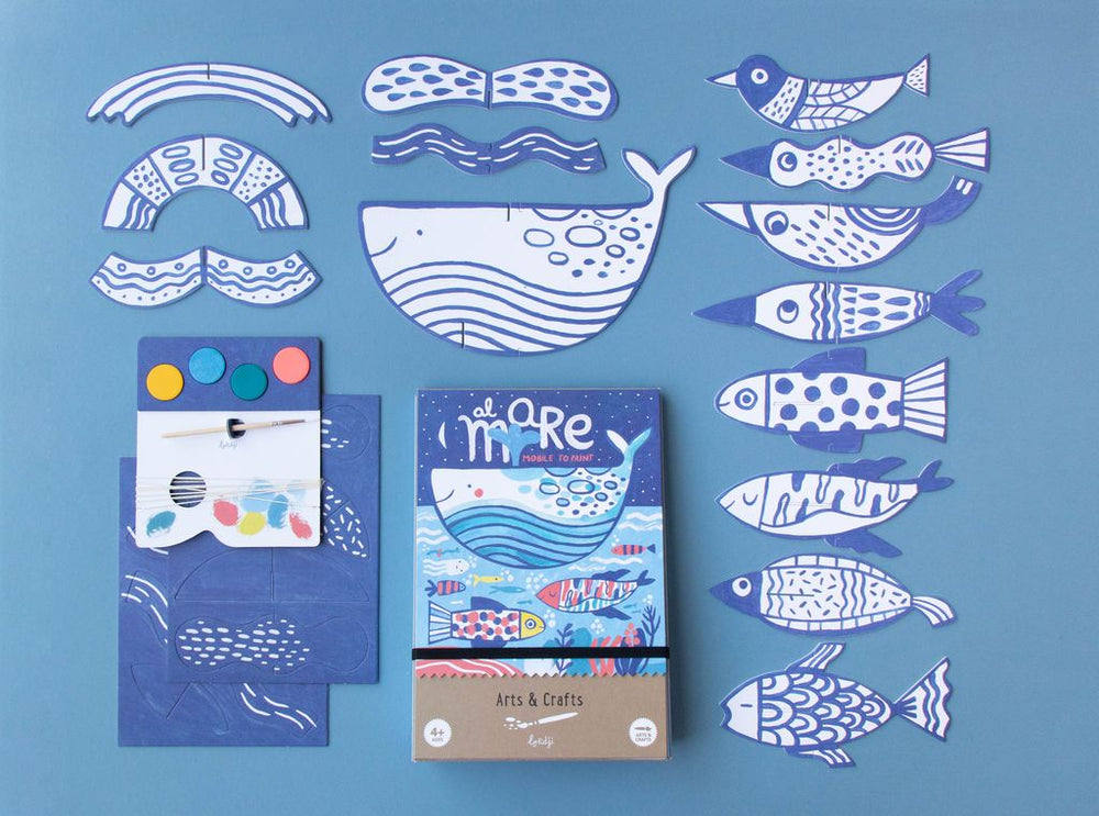 Scatola al mare! con cartoncini a forma di pesci e uccelli da dipingere con 4 colori ad acqua e 1 pennello