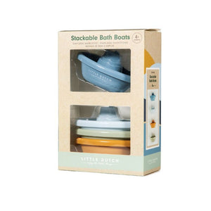 Barchette da bagno impilabili-stackable bath boats, Little Dutch. Vista della confezione in cartone delle barchette impilabili blu. Confezione da 4 pezzi