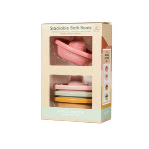 Barchette da bagno impilabili-stackable bath boats, Little Dutch. Confezione in cartone delle barchette. Contiene 4 barchette: rosa, arancio, verde e rosa chiaro