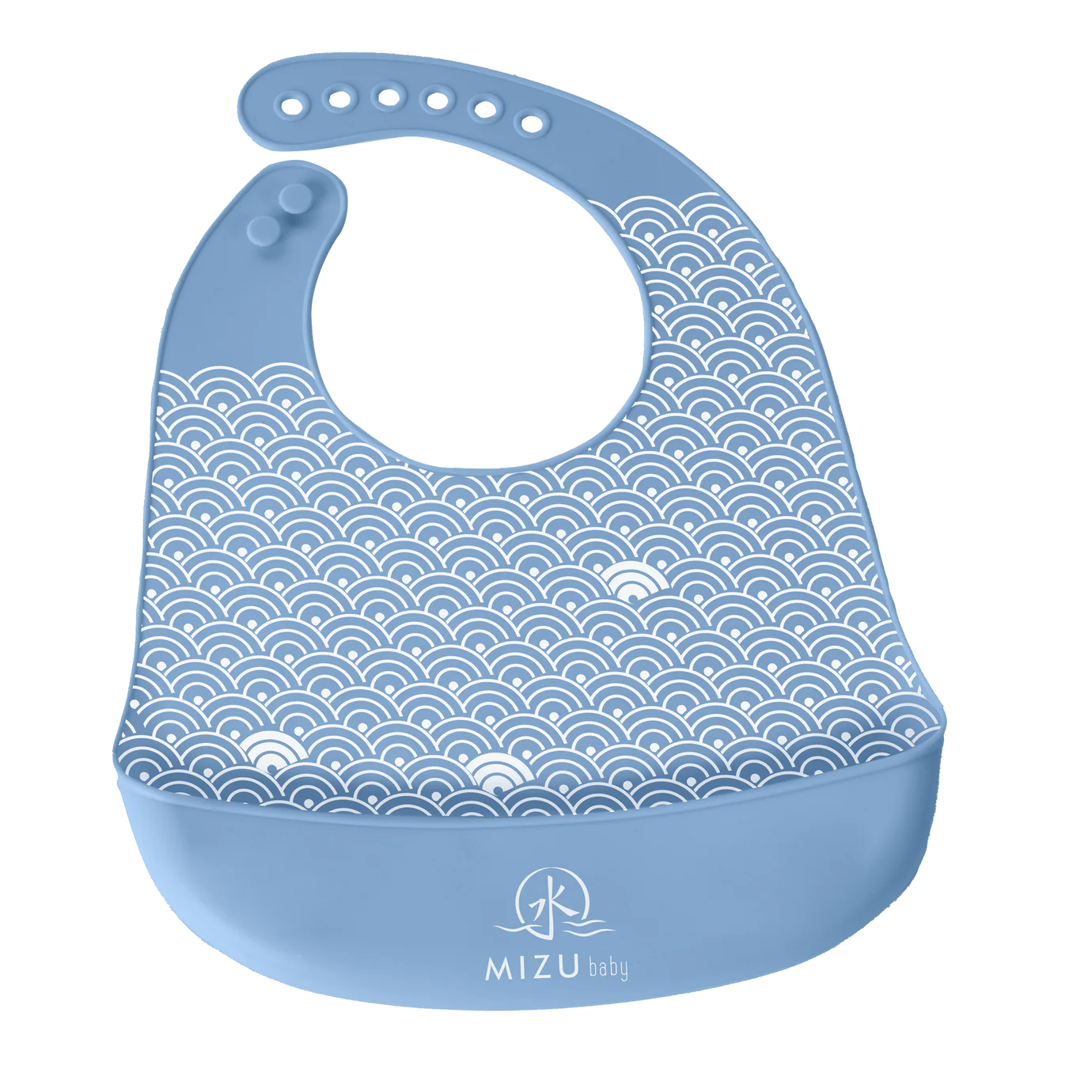 TAIKI BIB-bavaglino in silicone, Mizu Baby. Bavaglino azzurro con motivo ondulato stampato bianco e tasca frontale. Chiusura con asole in silicone regolabili 