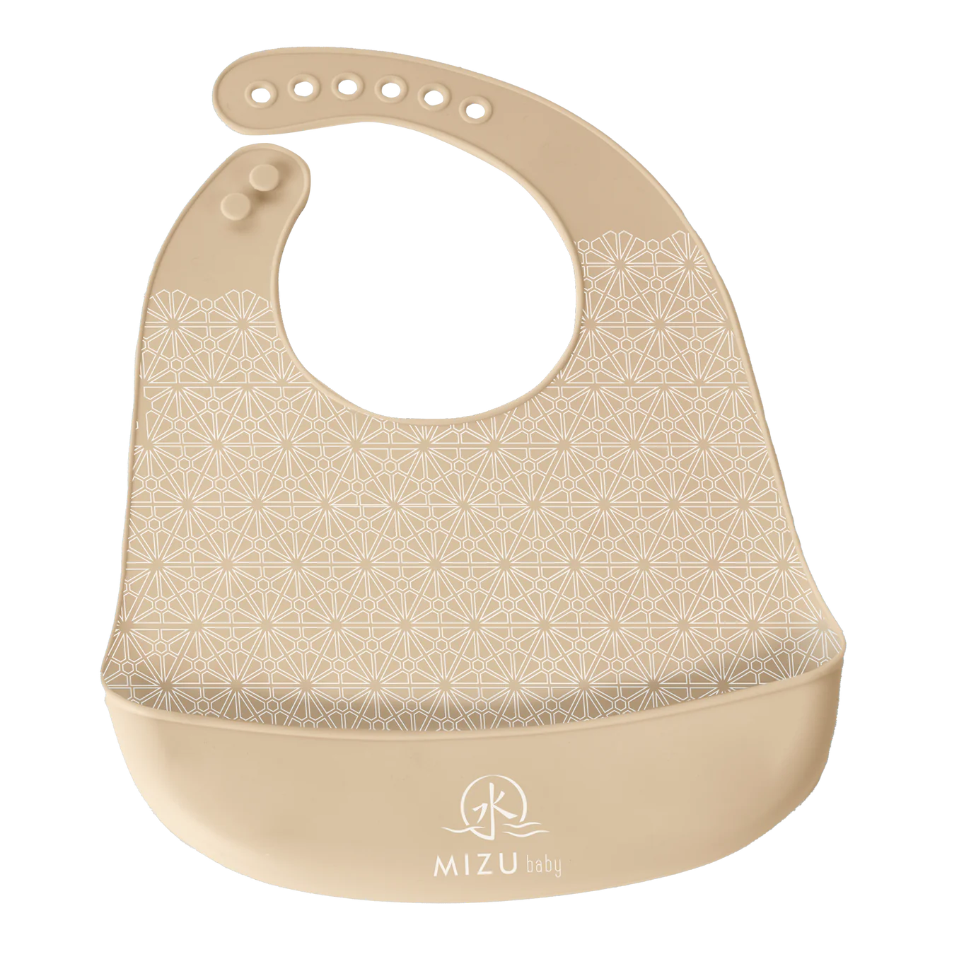 TAIKI BIB-bavaglino in silicone, Mizu Baby. Bavaglino beige con motivo ondulato stampato bianco e tasca frontale. Chiusura con asole in silicone regolabili 